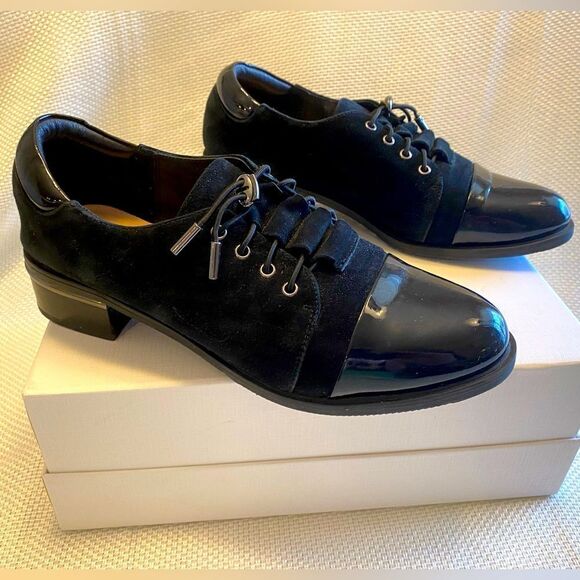 Pierre Cardin Paris women’s cap toe derby patent leather and suede size 39 wow